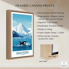 Kenai Fjords National Park framed canvas print with orca and mountain art in float frame.