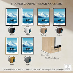 Kenai Fjords travel poster wall art with six canvas frame color options and frame close-up
