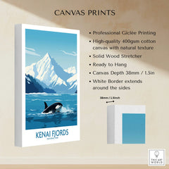 Kenai Fjords National Park canvas print with orca, snowy mountains and blue sea, 38mm depth