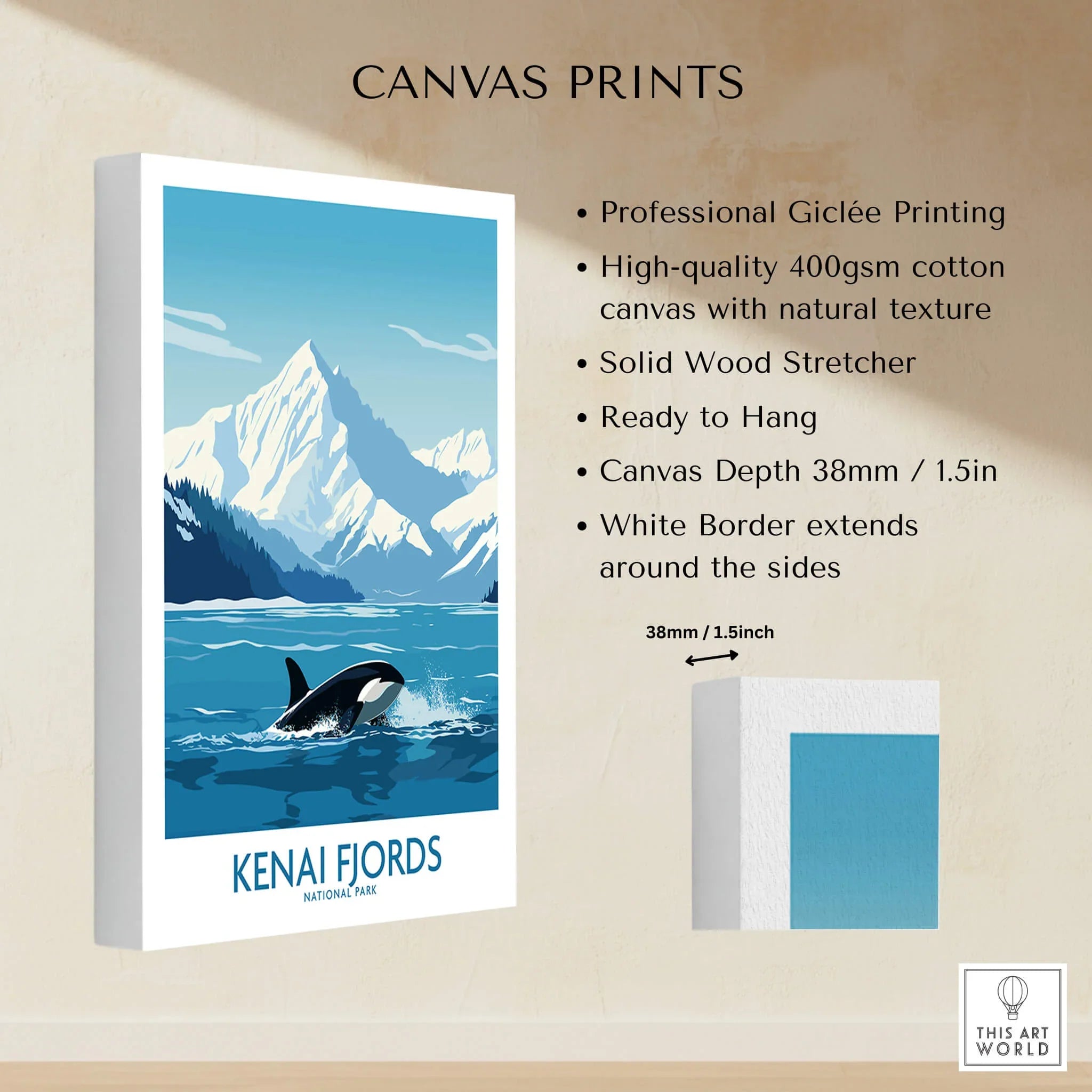 Kenai Fjords National Park canvas print with orca, snowy mountains and blue sea, 38mm depth