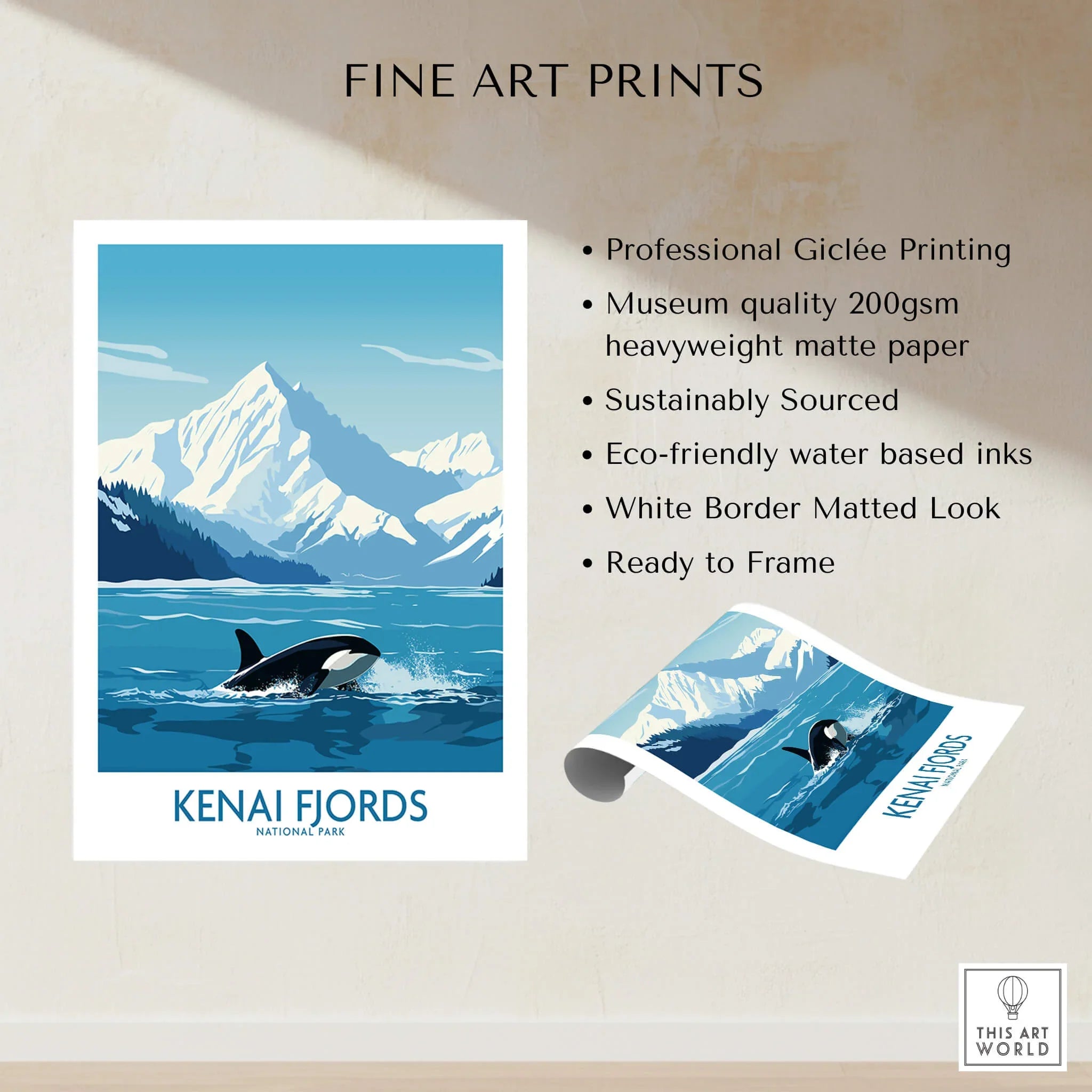 Kenai Fjords National Park art print with orca whale, snowy mountains, and blue ocean