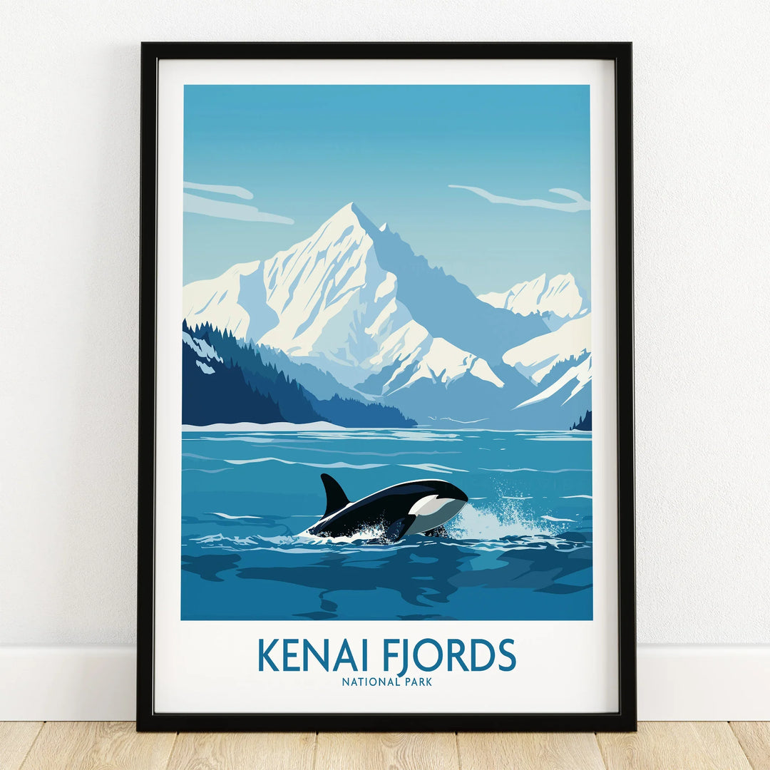 Kenai Fjords National Park art print with orca, snowy mountains, and blue ocean in black frame