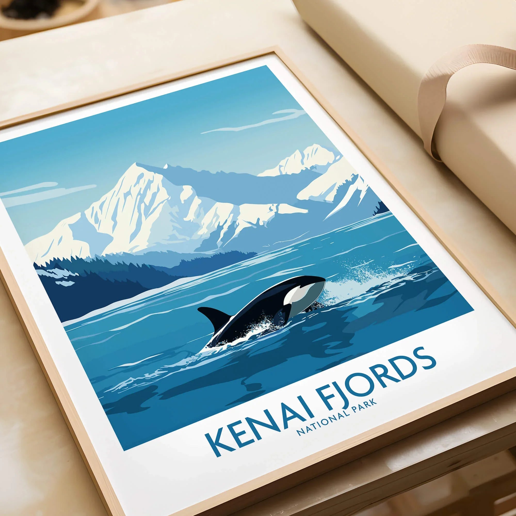 Kenai Fjords National Park art print with orca, snowy mountains, and blue ocean in natural frame