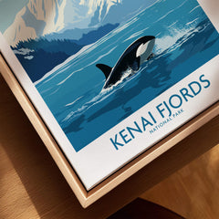 Kenai Fjords National Park travel poster with orca whale, canvas in natural wood frame