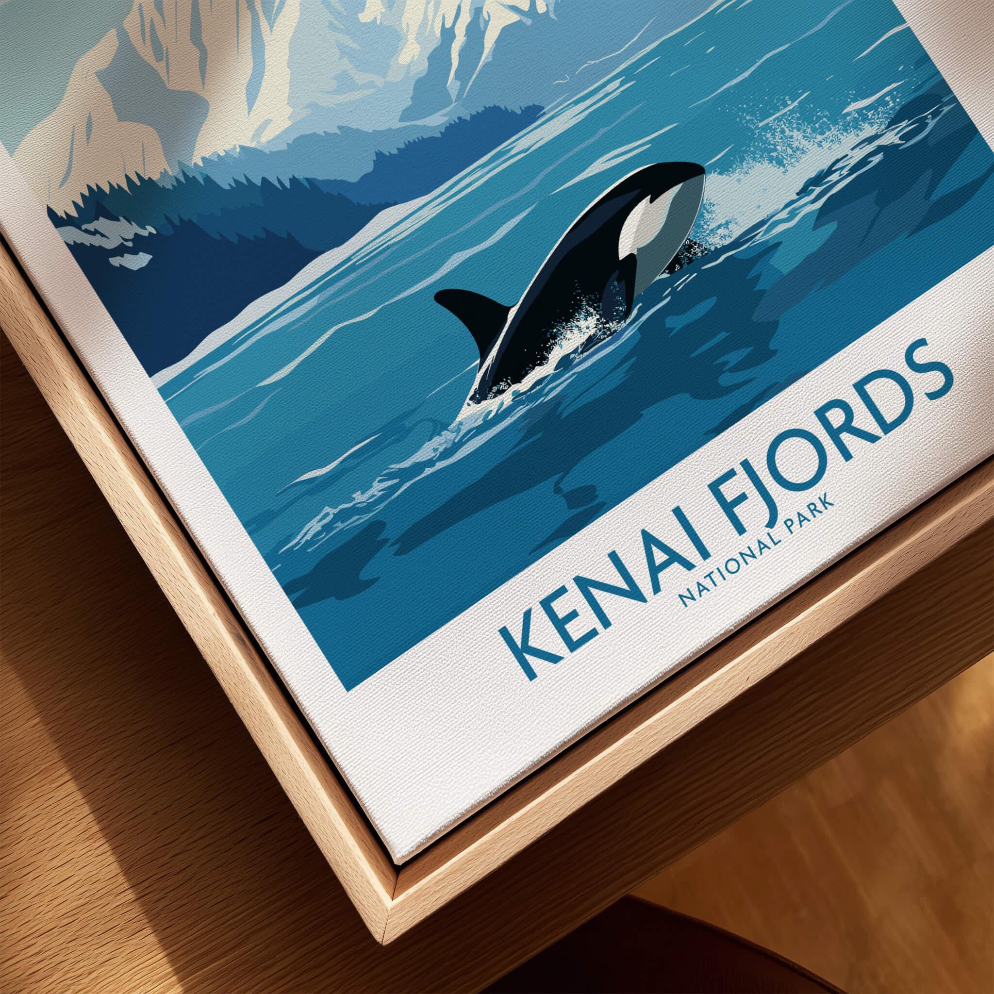 Kenai Fjords National Park travel poster with orca whale, canvas in natural wood frame