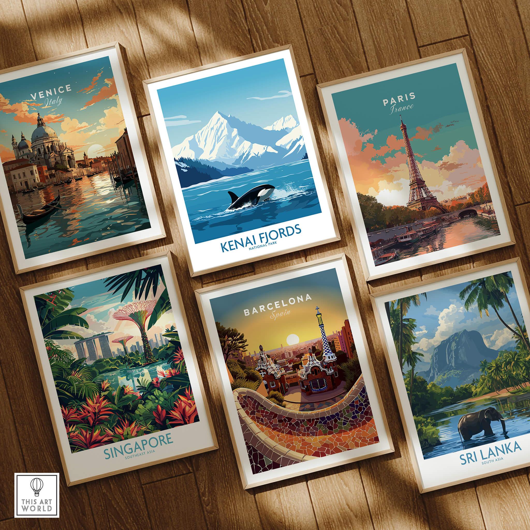 Set of six framed travel posters featuring Venice, Paris, Singapore, Barcelona, Kenai Fjords, and Sri Lanka on a wooden floor.