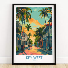 Key West Travel Poster - Florida showcasing vibrant streets and palm trees in a colorful design.