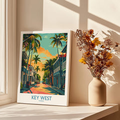 Key West Travel Poster - Florida featuring vibrant beach scene and palm trees in sunny colors.