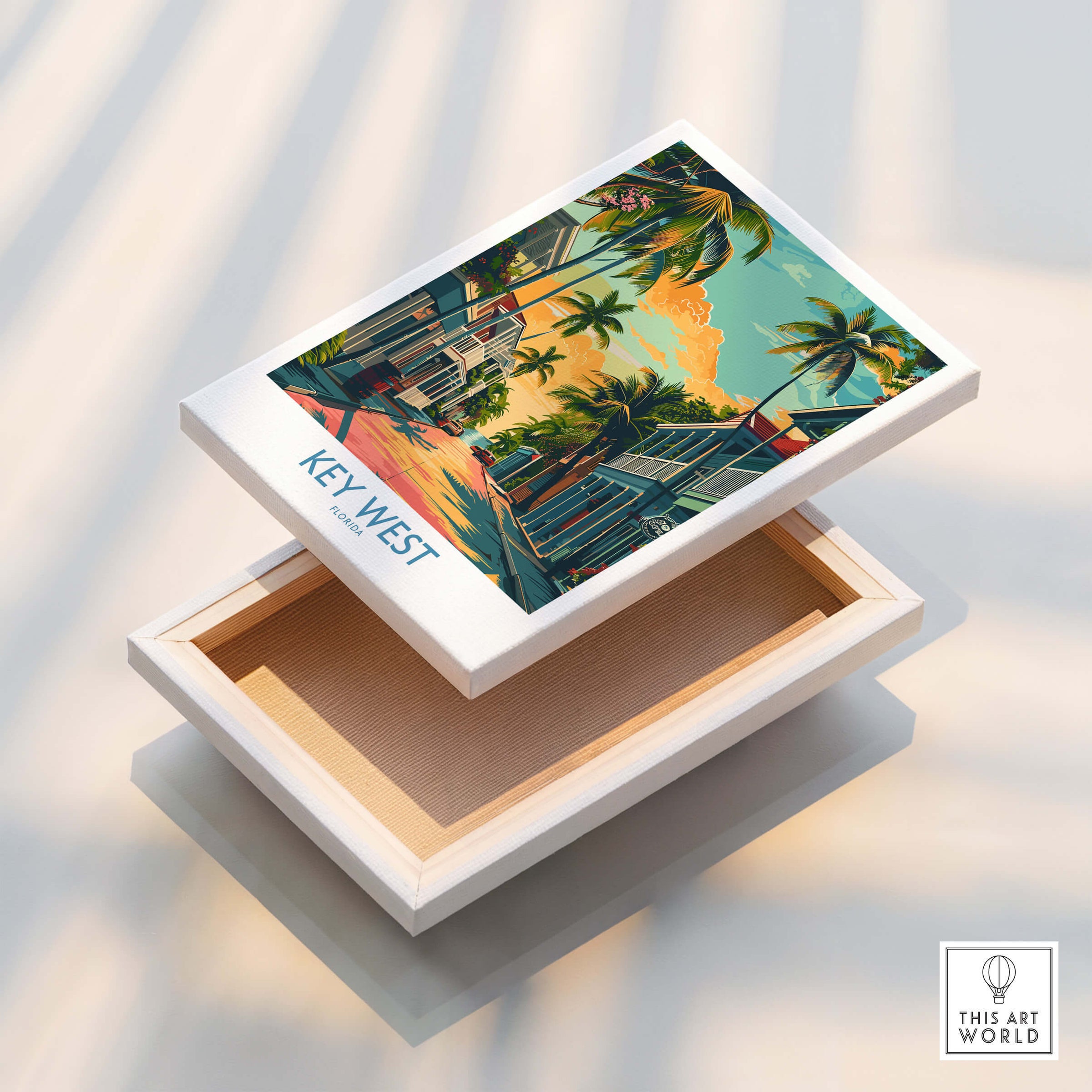 Key West Travel Poster - Florida showcased in a stylish box, vibrant artwork depicting tropical scenery.