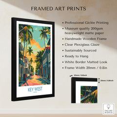 Key West Travel Poster - Florida featuring vibrant colors and palm trees in a stylish frame, perfect for home decor.
