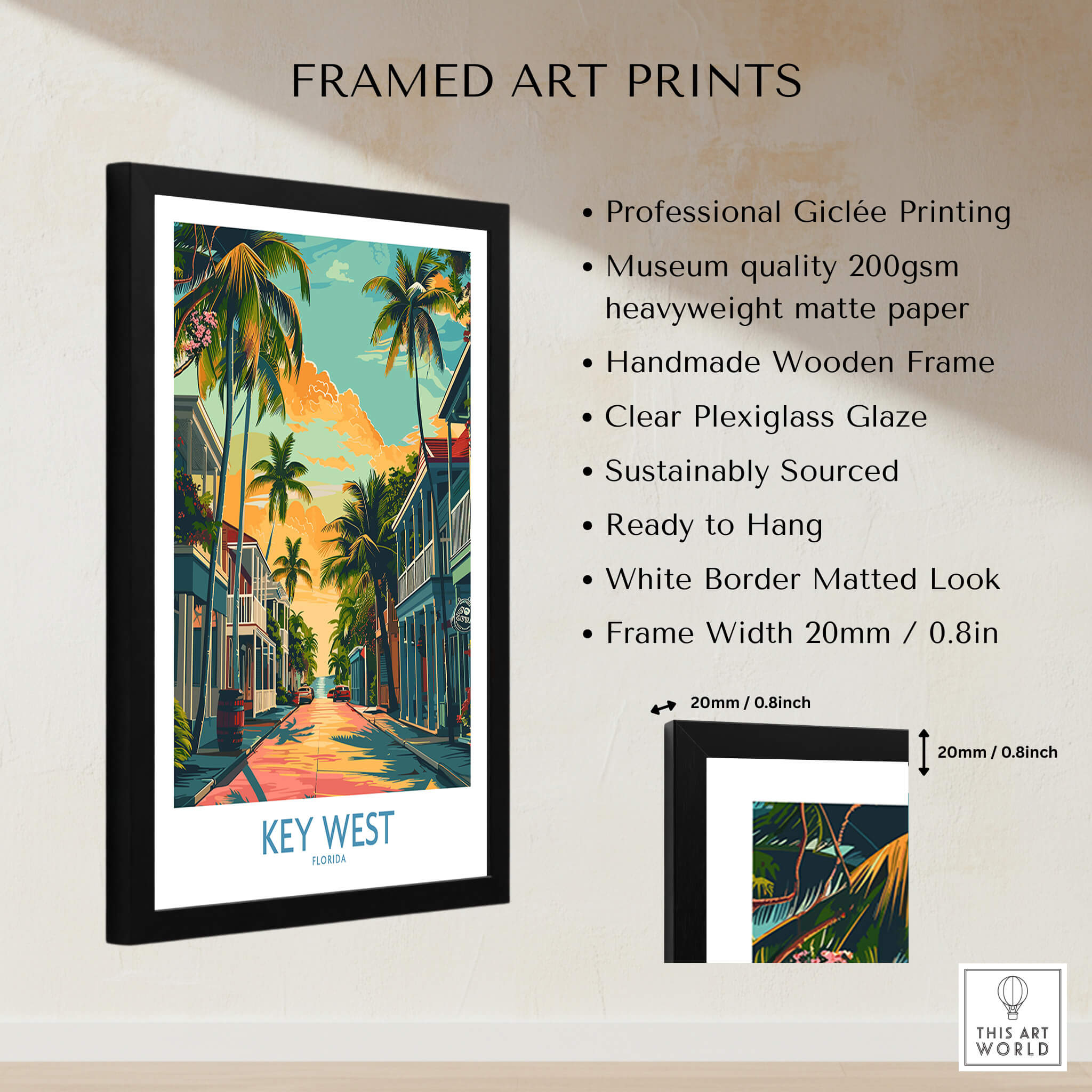 Key West Travel Poster - Florida featuring vibrant colors and palm trees in a stylish frame, perfect for home decor.