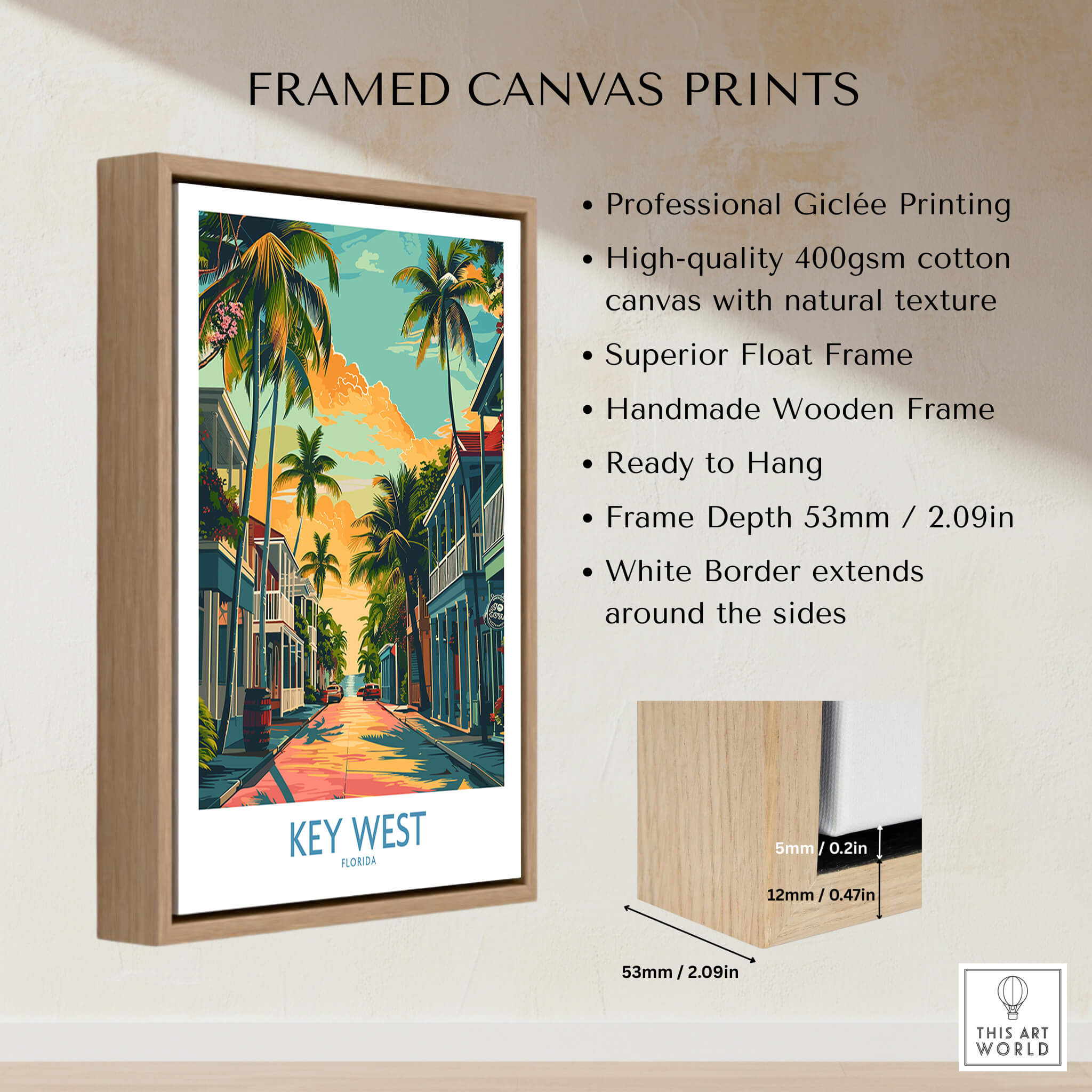 Key West Travel Poster - Florida framed canvas print showcasing vibrant design and tropical scenery.