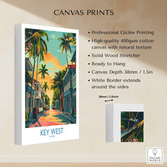 Key West Travel Poster - Florida displayed on a canvas print with vibrant colors and tropical imagery.