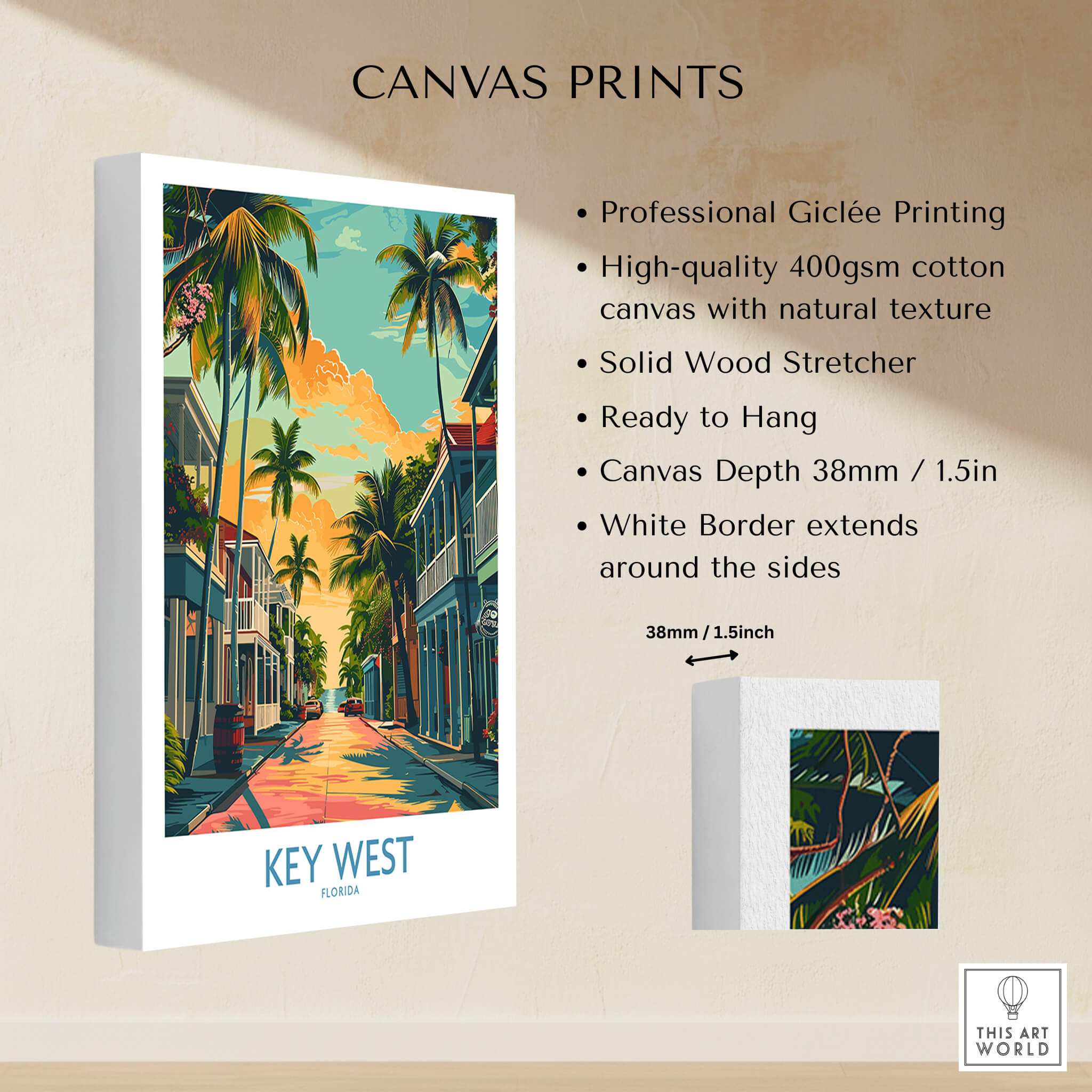 Key West Travel Poster - Florida displayed on a canvas print with vibrant colors and tropical imagery.