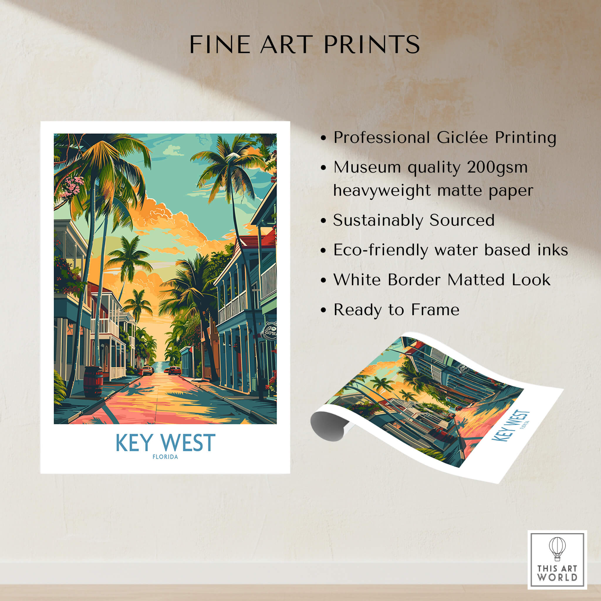 Key West Travel Poster - Florida featuring vibrant colors, palm trees, and iconic streets of Key West.
