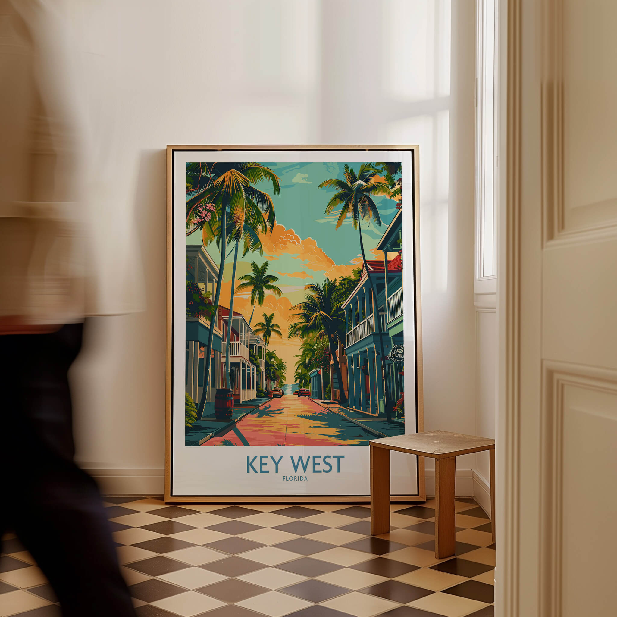 Key West Travel Poster - Florida featuring palm trees and vibrant colors in a stylish interior setting.