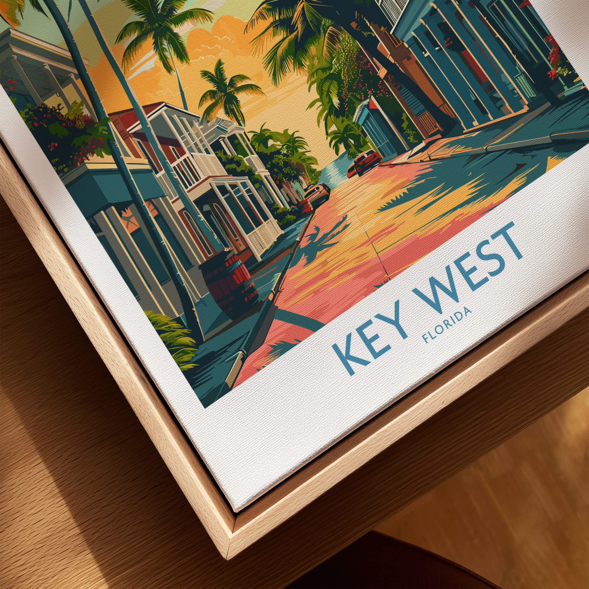 Key West Travel Poster - Florida showcasing vibrant scenery of Key West with colorful palm trees and sunset.