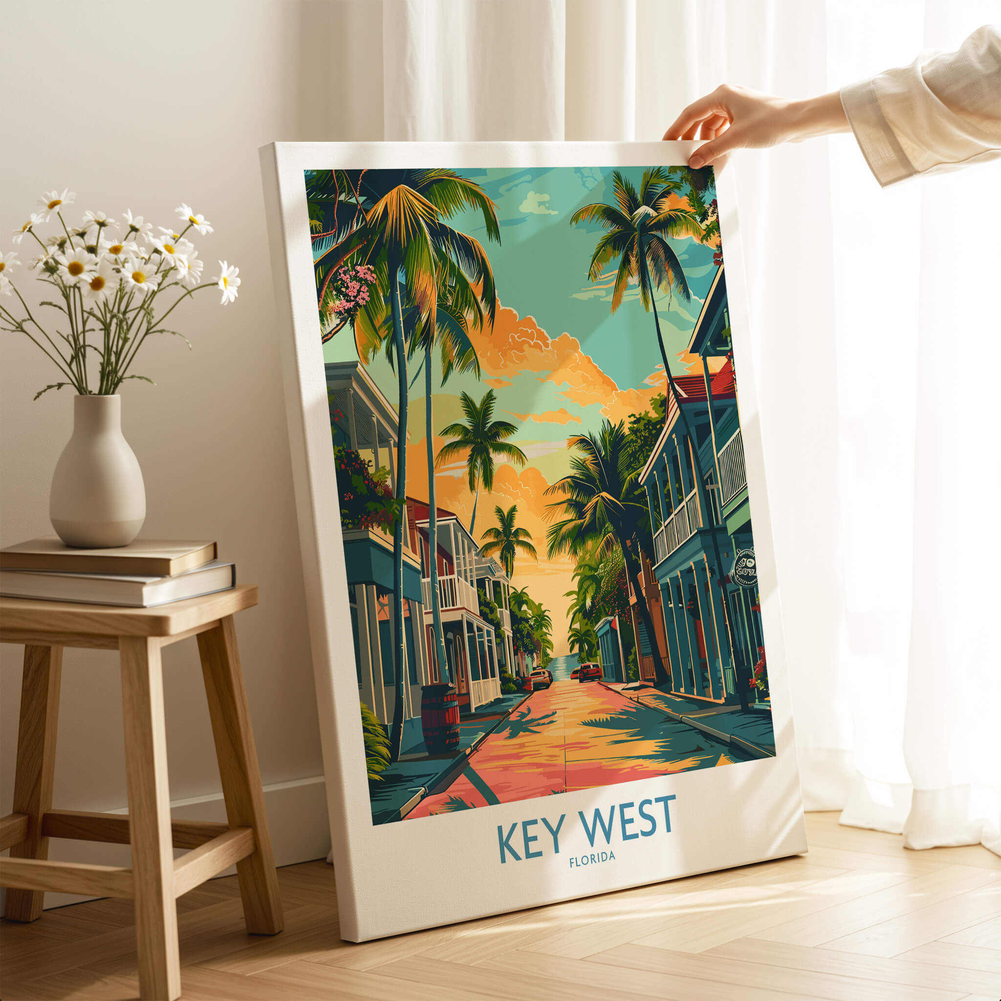 Key West Travel Poster - Florida featuring vibrant streets and palm trees, capturing the essence of Key West.