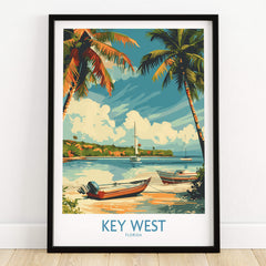 Key West Art Print featuring colorful boats and palm trees capturing the vibrant essence of Key West, Florida.