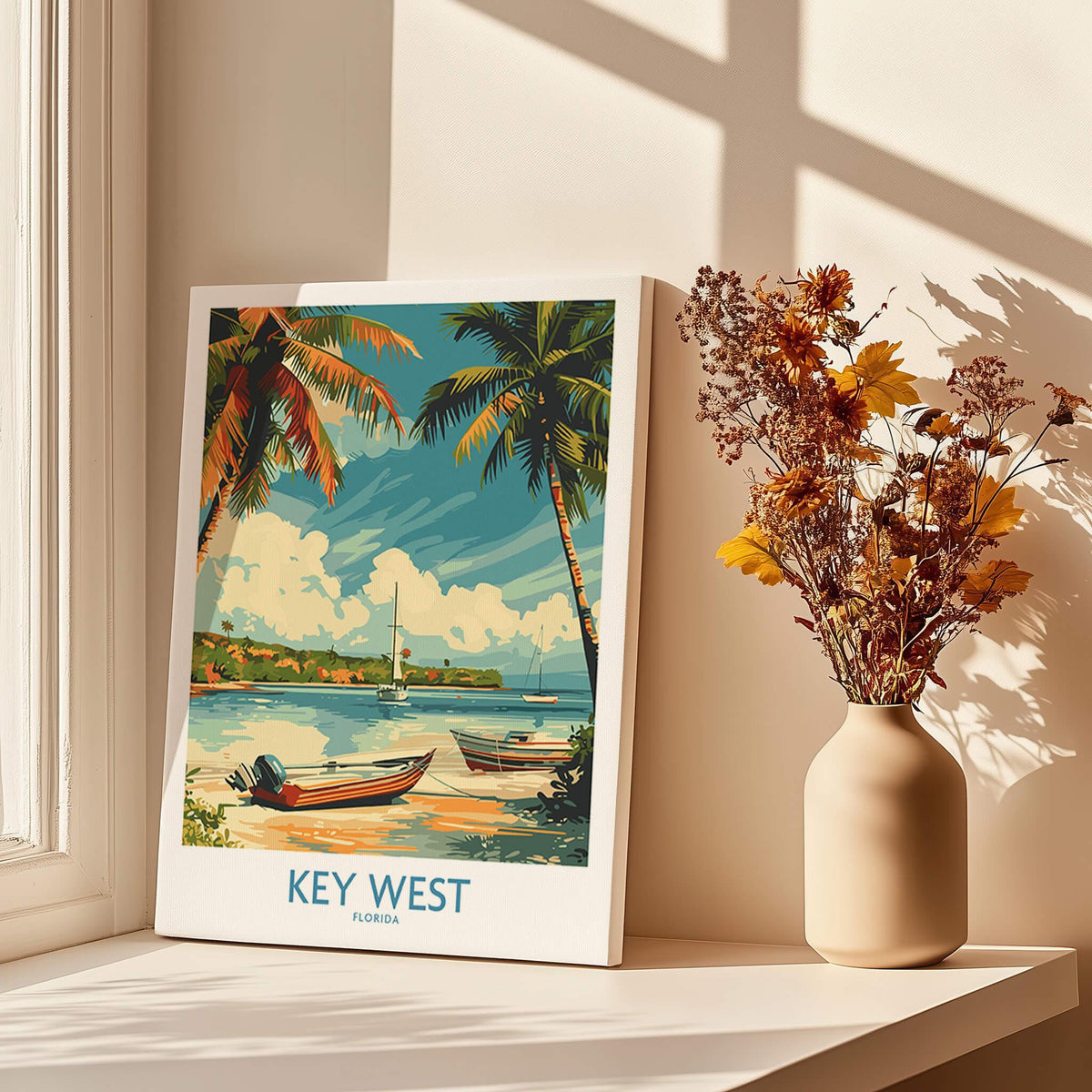 Key West Art Print featuring boats and palm trees, perfect for adding Florida charm to your home.