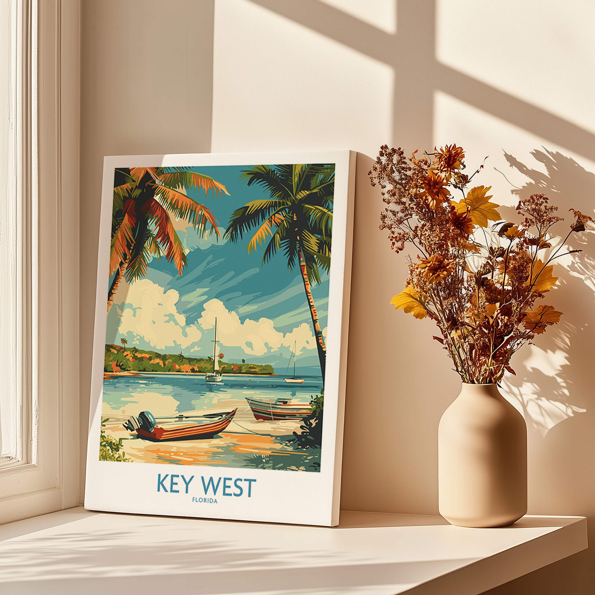Key West Art Print featuring boats and palm trees, perfect for adding Florida charm to your home.