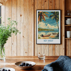 Key West Art Print showcasing a tropical scene with boats and palm trees, perfect for home decor.