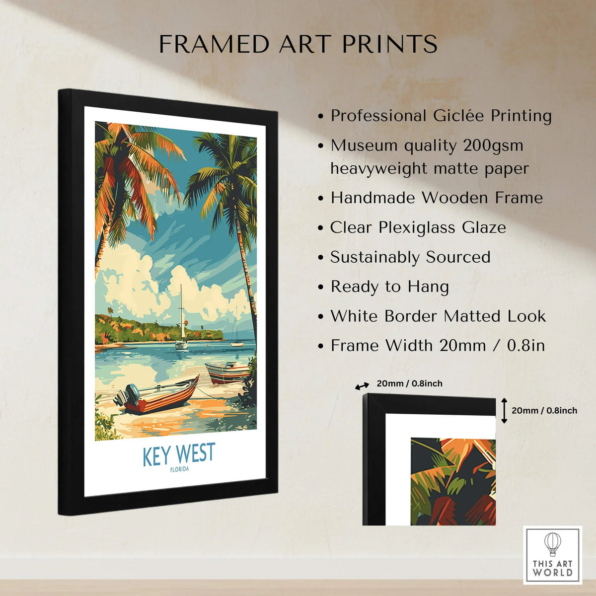 Key West Art Print framed with a wooden frame, featuring vibrant tropical scene and high-quality Giclée printing.