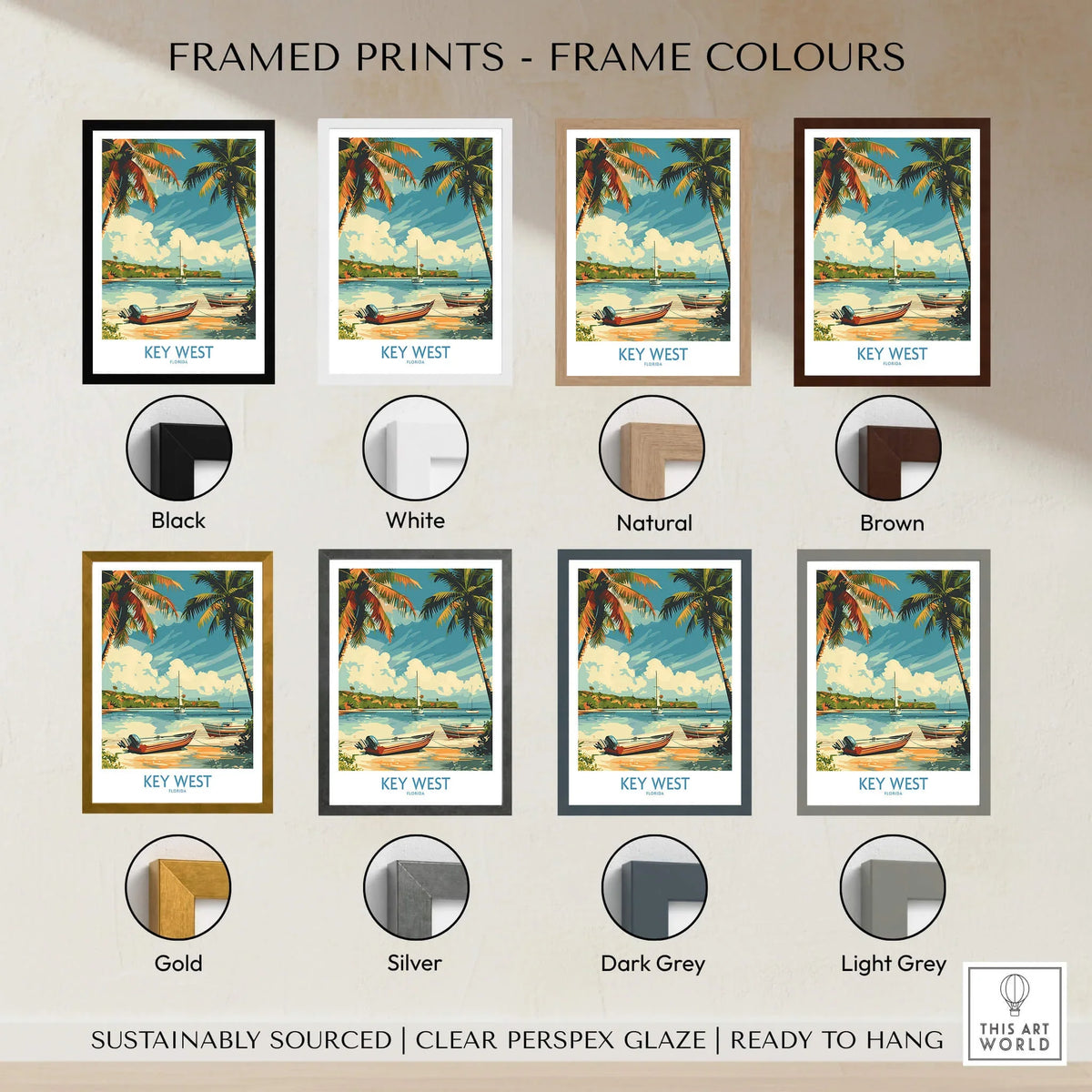 Key West Art Print framed in various colors including black, white, natural, and brown options.