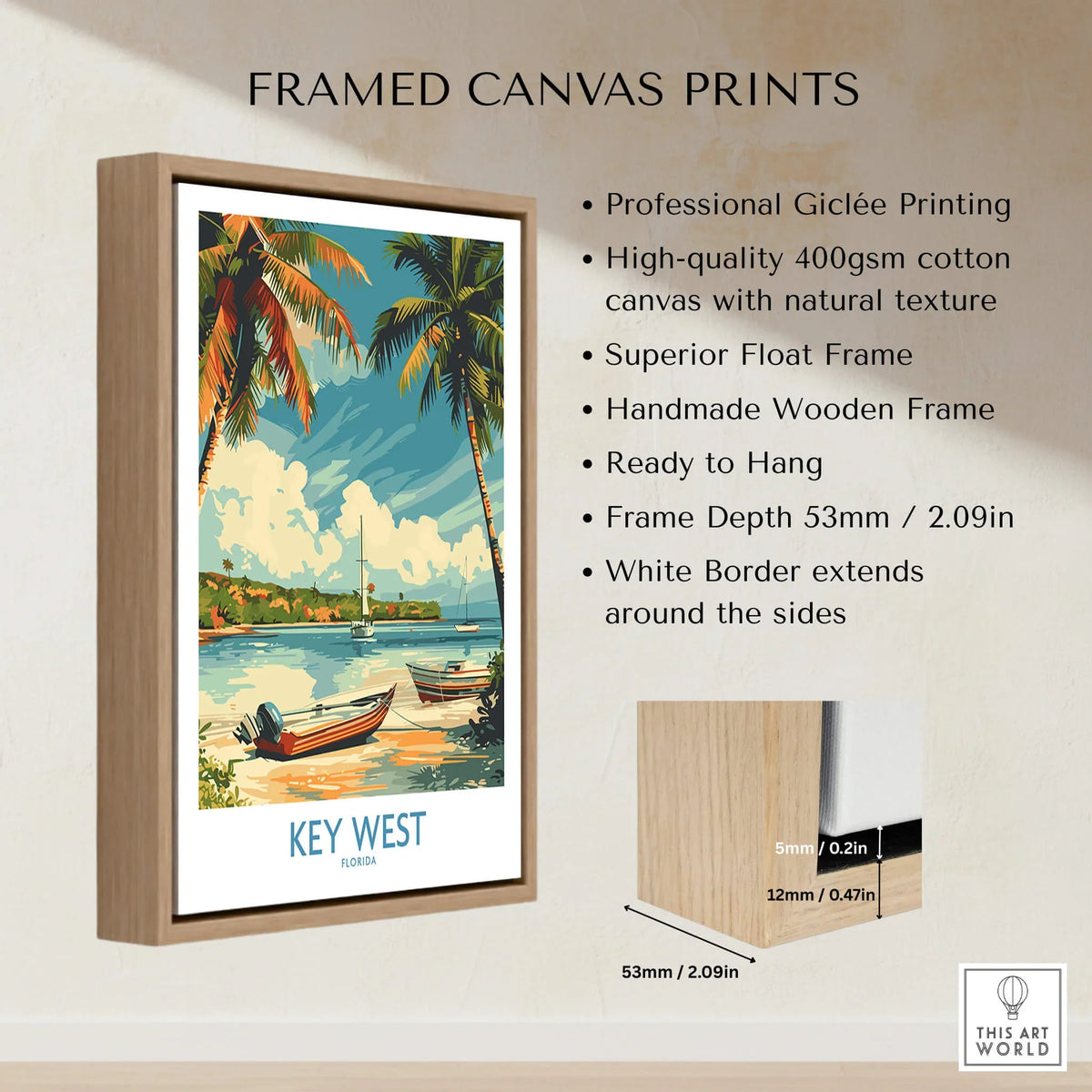 Key West Art Print featuring vibrant colors, framed in natural wood, ideal for home decor.