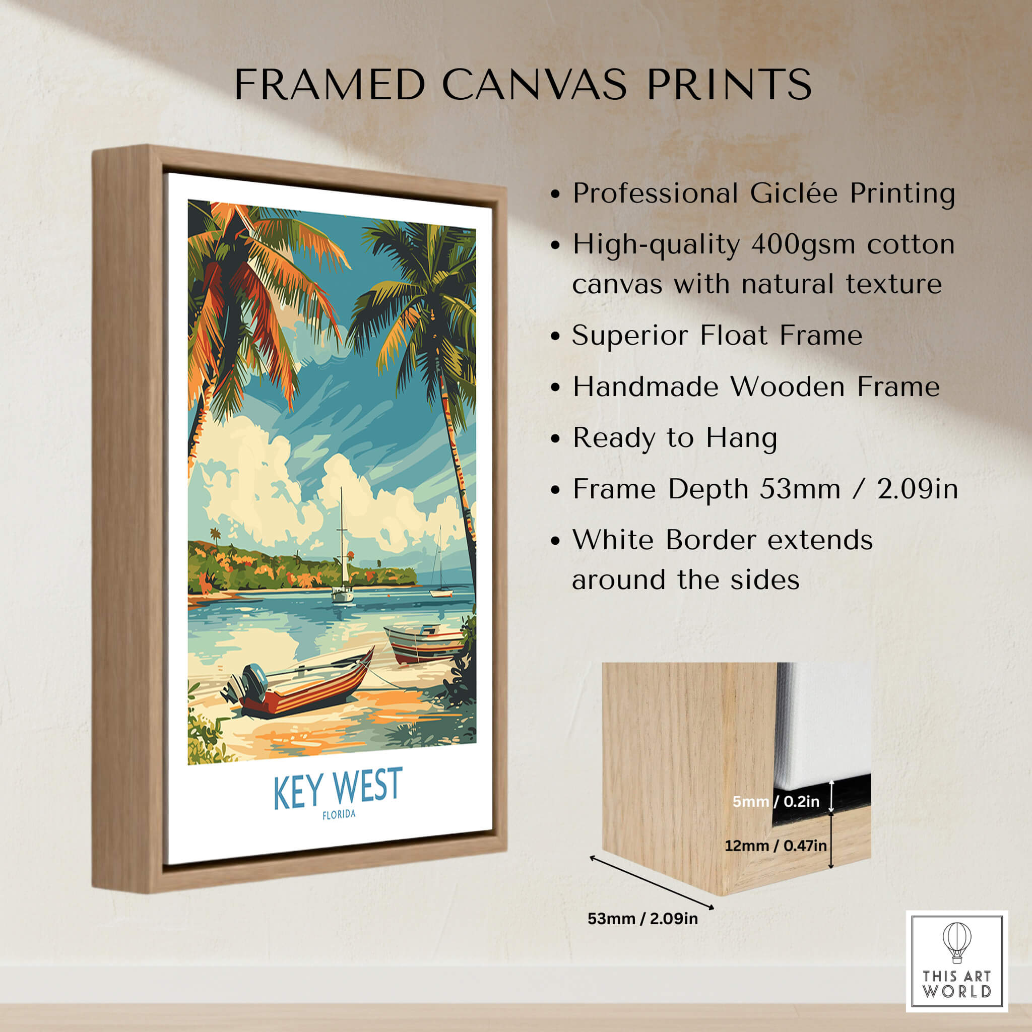 Key West Art Print featuring vibrant colors, framed in natural wood, ideal for home decor.