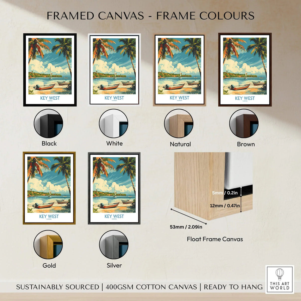 Key West Art Print framed canvas options in various colors including black, white, natural, brown, gold, and silver.