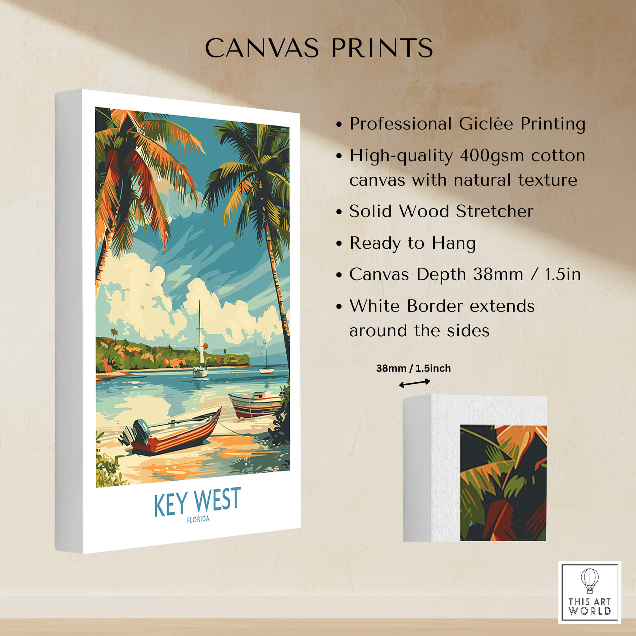 Key West Art Print showcasing vibrant Florida scenery with palm trees and boats, perfect for home decor.