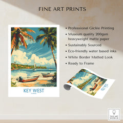 Key West Art Print showcasing vibrant palm trees and boats, perfect for adding a tropical touch to home decor.