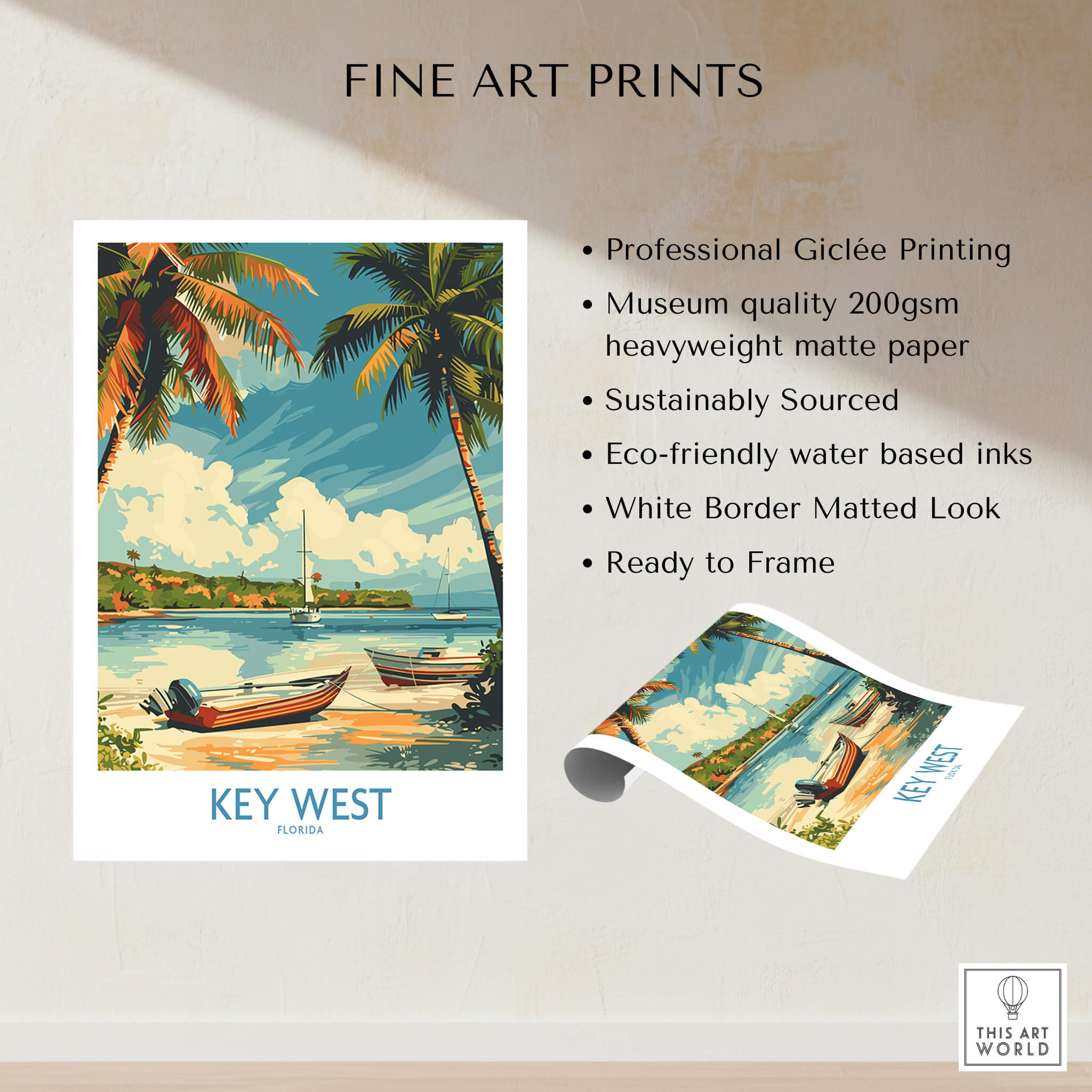 Key West Art Print showcasing vibrant palm trees and boats, perfect for adding a tropical touch to home decor.
