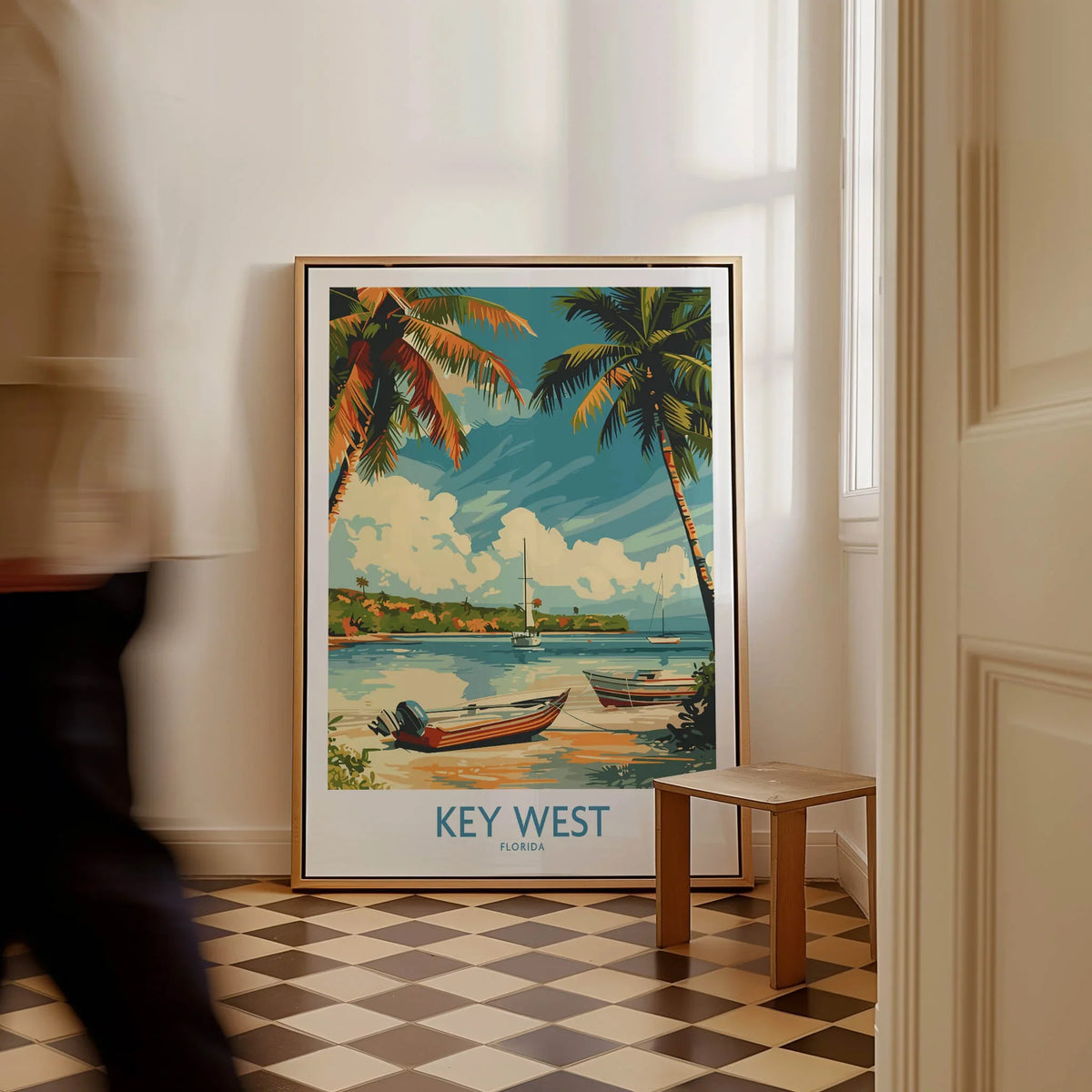 Key West Art Print showcasing vibrant boats and palm trees, bringing the essence of the Florida Keys into your home.