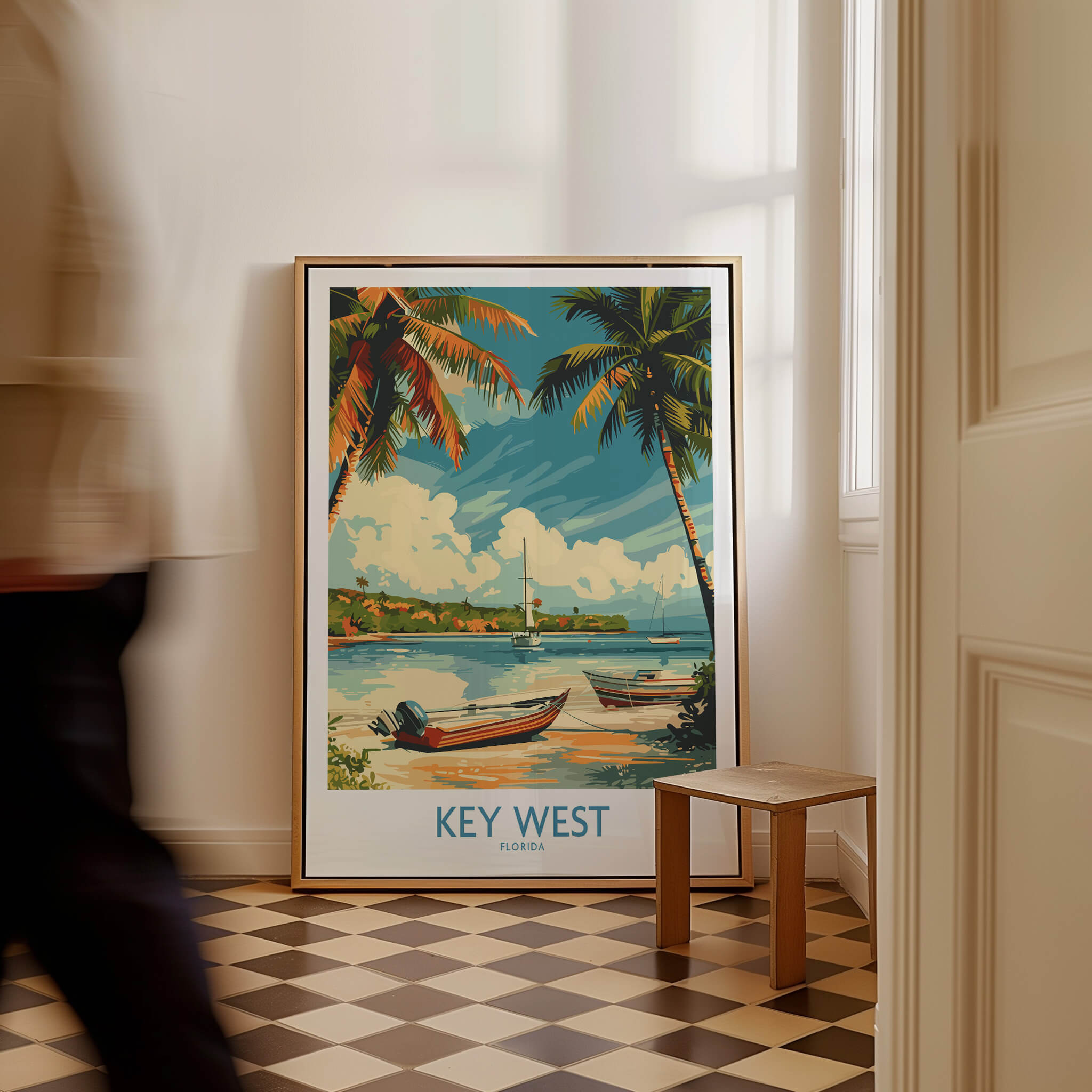 Key West Art Print showcasing vibrant boats and palm trees, bringing the essence of the Florida Keys into your home.