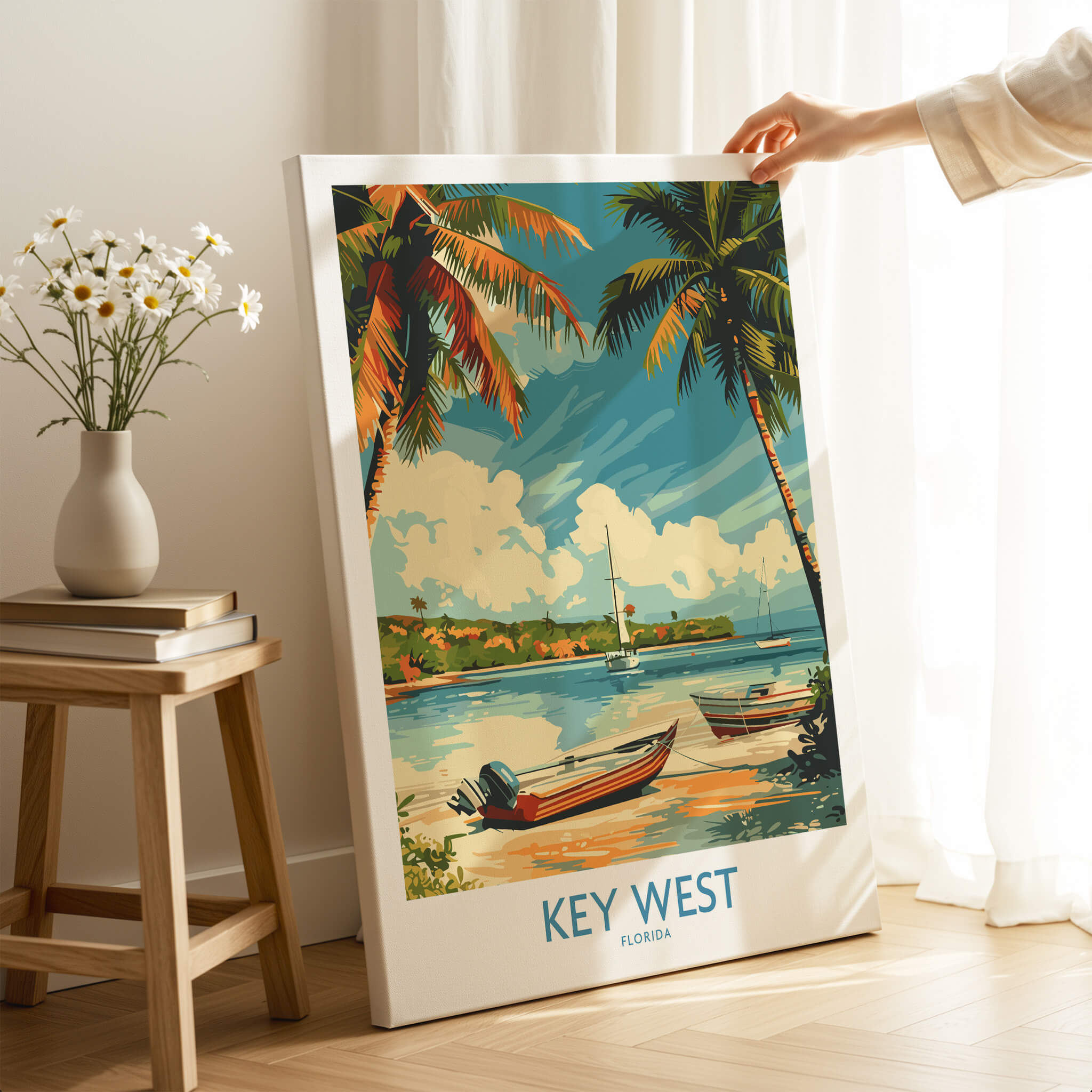 Key West Art Print featuring palm trees and boats, capturing the vibrant essence of Florida's Key West.