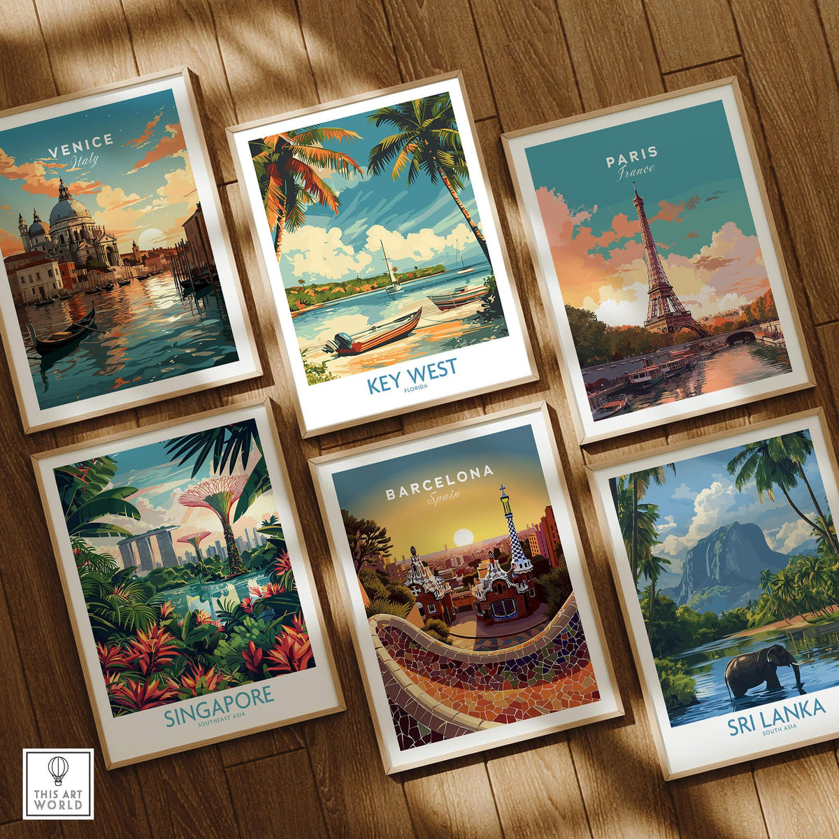 Key West Art Print among other vibrant travel-themed art prints including Venice, Paris, Singapore, Barcelona, and Sri Lanka.