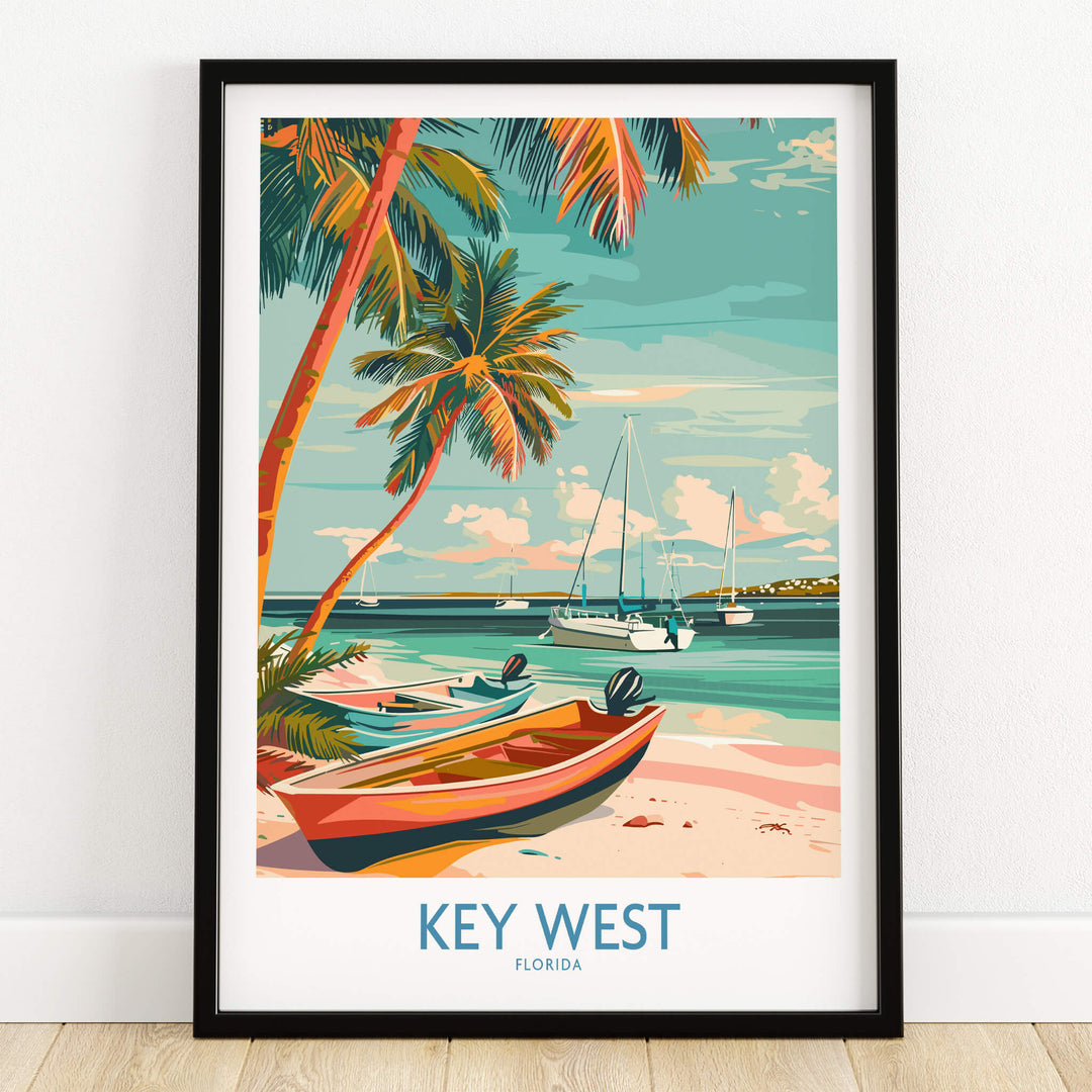 Key West Florida Poster featuring colorful boats and palm trees on a beach in Key West, Florida.
