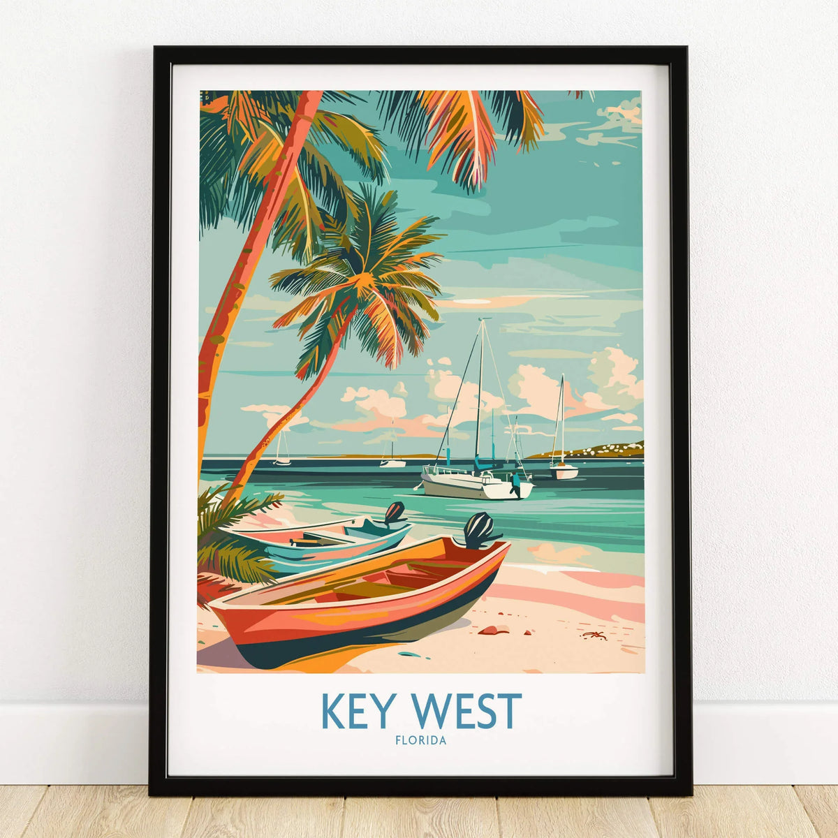 Key West Florida Poster featuring colorful boats and palm trees on a beach in Key West, Florida.