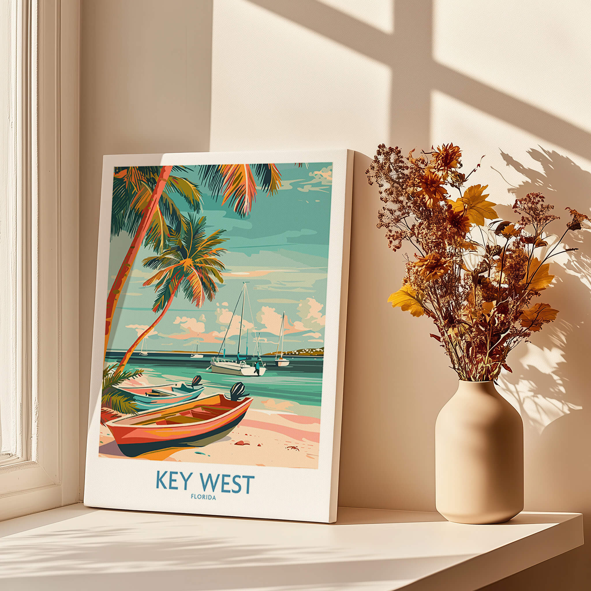 Key West Florida Poster featuring a vibrant beach scene with palm trees and sailboats in a sunny setting.