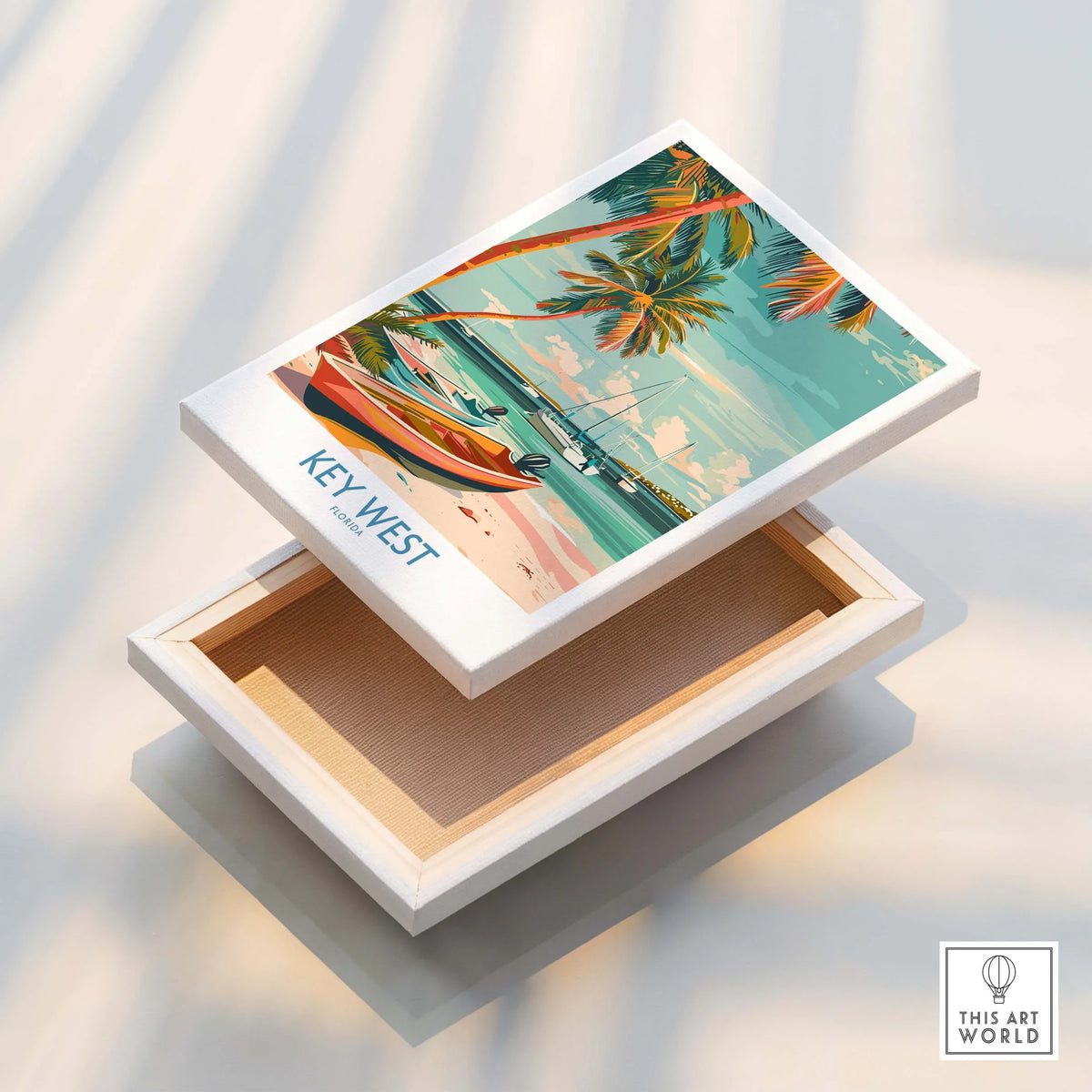 Key West Florida Poster featuring a vibrant beach scene with boats and palm trees, perfect for home decor.