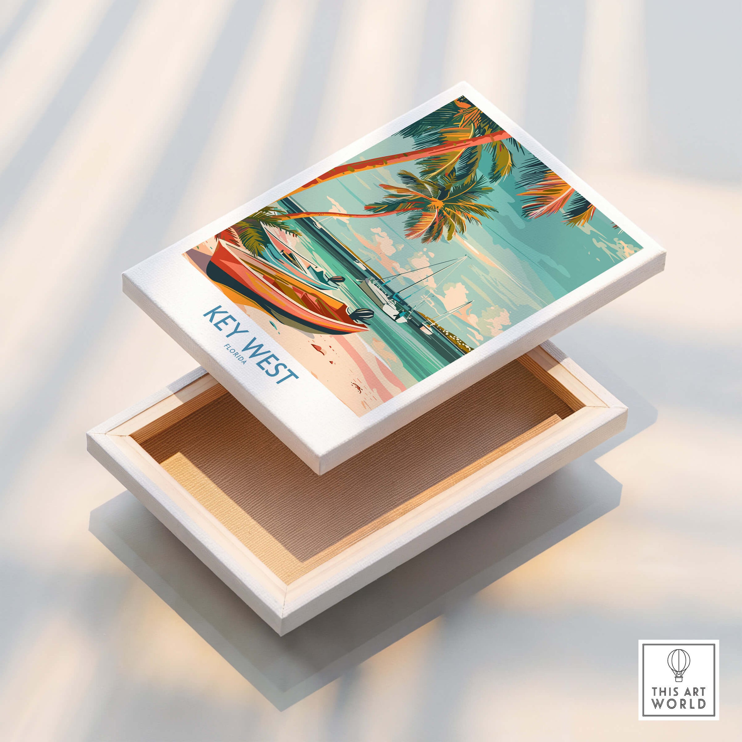 Key West Florida Poster featuring a vibrant beach scene with boats and palm trees, perfect for home decor.