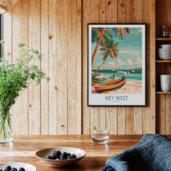Key West Florida Poster showing tropical scenery with palm trees and boats on the beach, perfect for wall art.