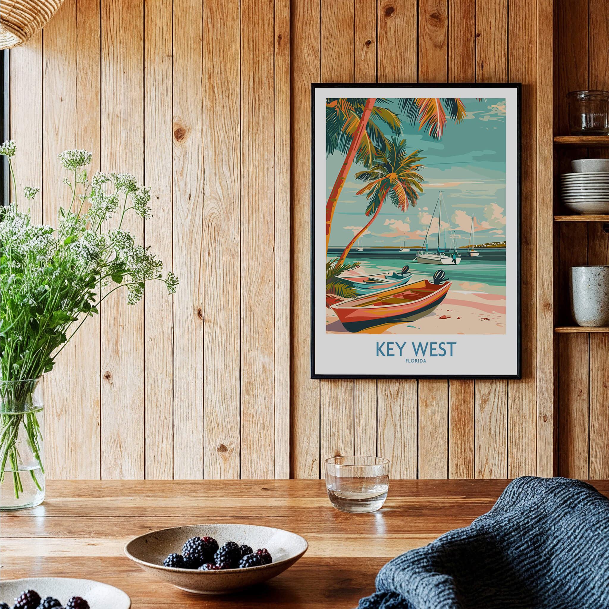 Key West Florida Poster showing tropical scenery with palm trees and boats on the beach, perfect for wall art.