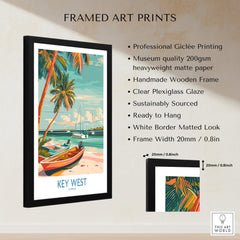 Key West Florida Poster framed art print showcasing vibrant beach scene with colorful boat and palm trees.