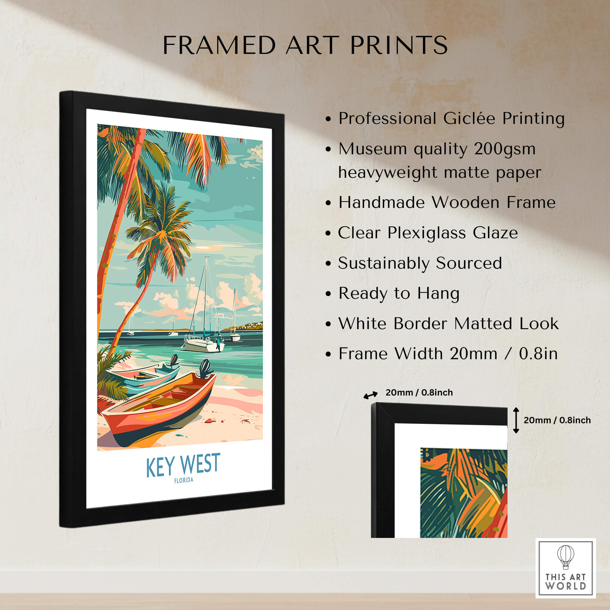 Key West Florida Poster framed art print showcasing vibrant beach scene with colorful boat and palm trees.