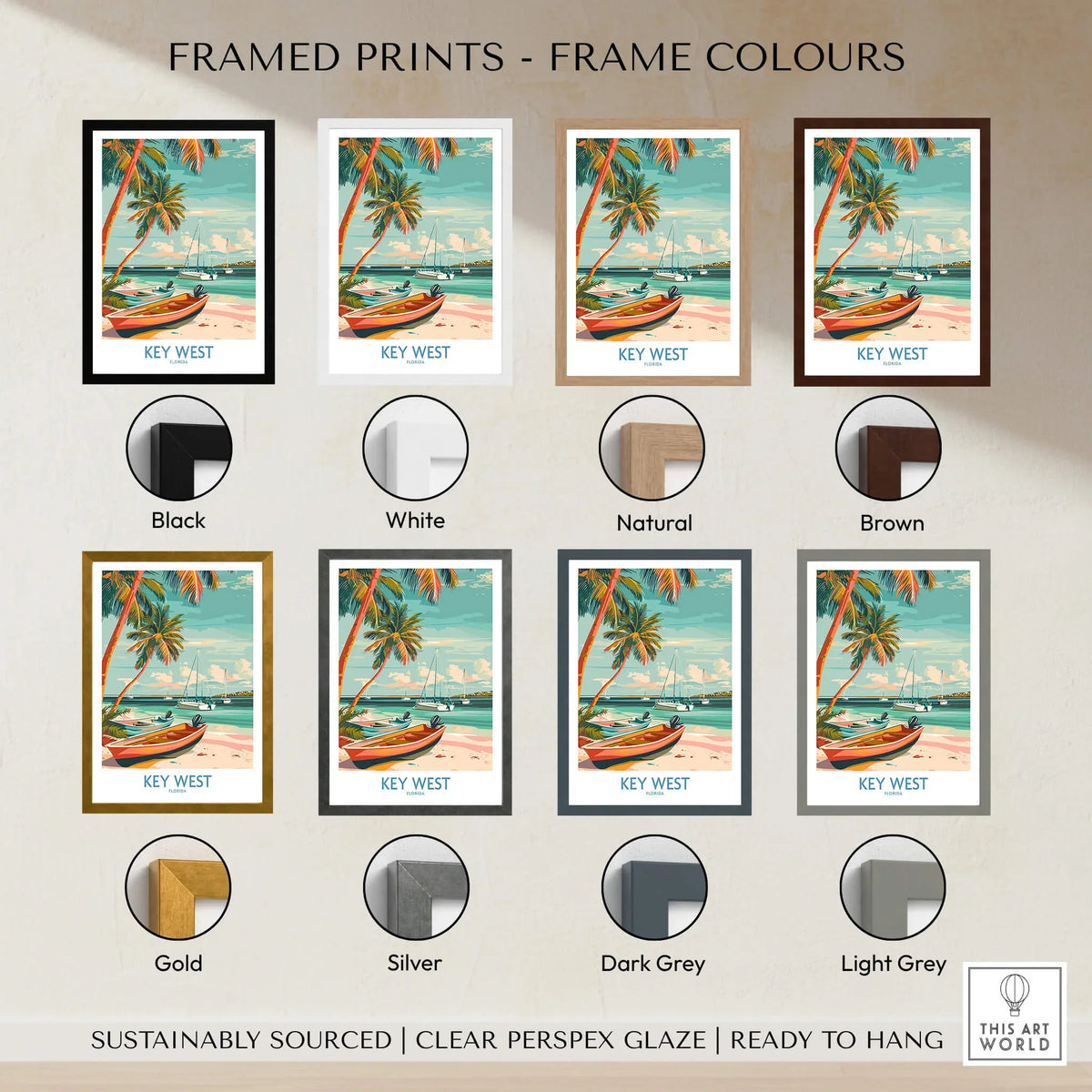 Key West Florida Poster framed print options including black, white, natural, brown, gold, silver, dark grey, light grey.