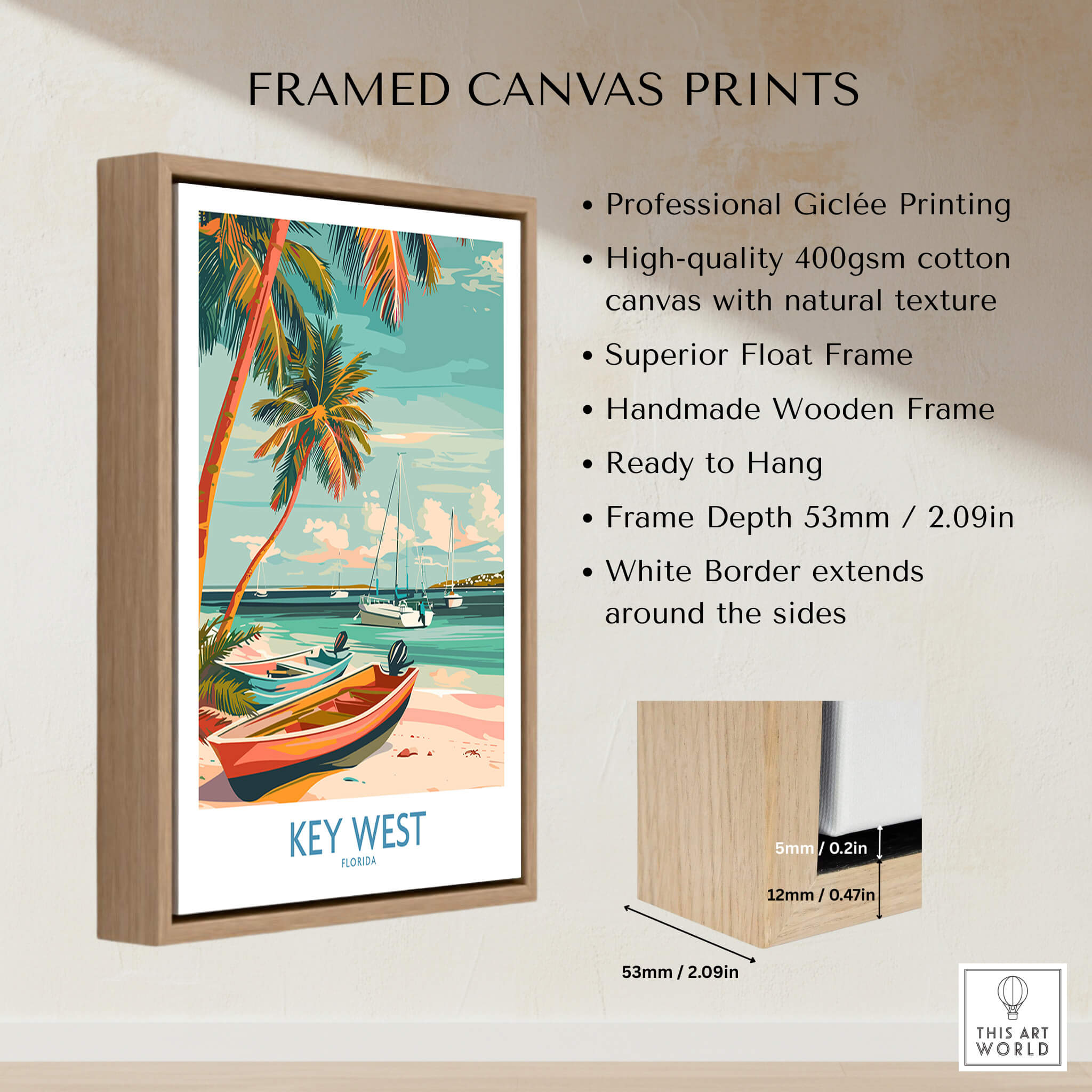 Key West Florida Poster framed canvas print featuring tropical scene and wooden frame.