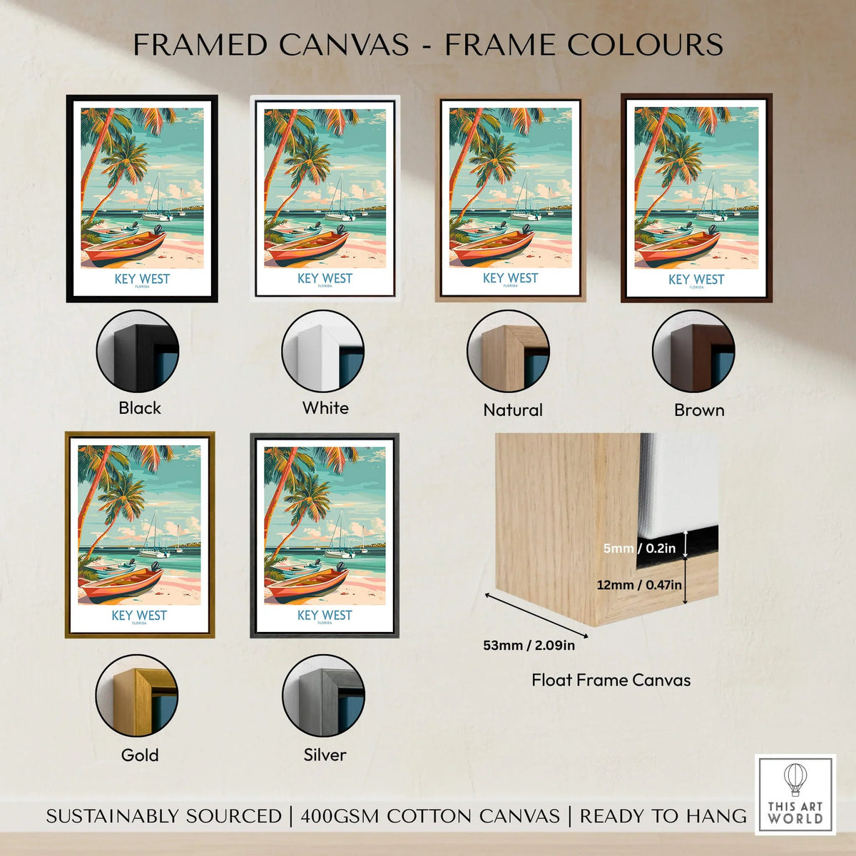 Key West Florida Poster framed canvas options in various colors including Black, White, Natural, Brown, Gold, and Silver.